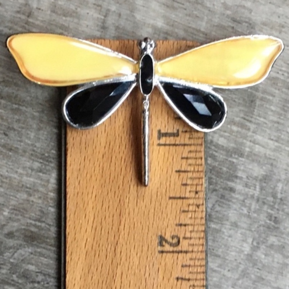 Dragonfly Brooch Pin Silver-tone Black Yellow Wings - Picture 3 of 4